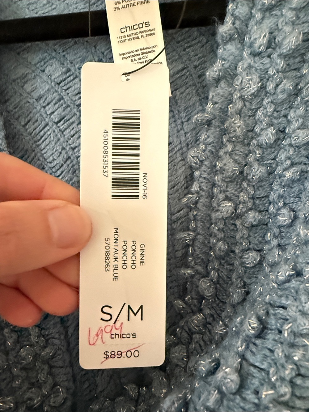 Chico's Light Blue Knit Fringe Poncho Wrap - Picture 3 of 6